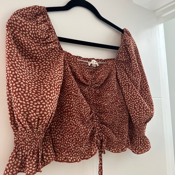 Blush Nordstrom rack Rust Puff Sleeve Smocked Blouse Dainty Print Festive Chic M - Picture 7 of 10